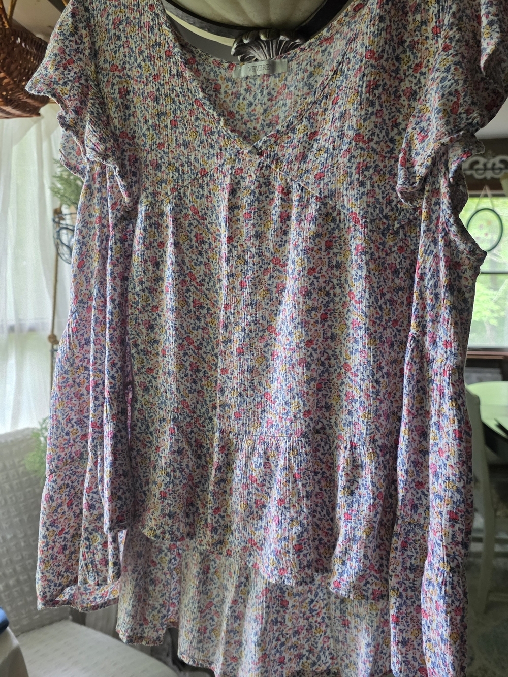 Lightweight Floral V-Neck Ruffle Tunic - Pink Multi